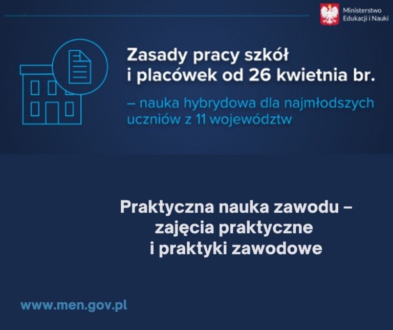 Praktyczna nauka zawodu – zajęcia praktyczne i praktyki zawodowe od 26 kwietnia 2021 r.