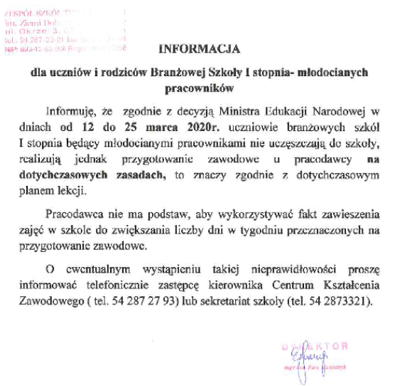Komunikat z ZST w Lipnie dotyczący młodocianych pracowników